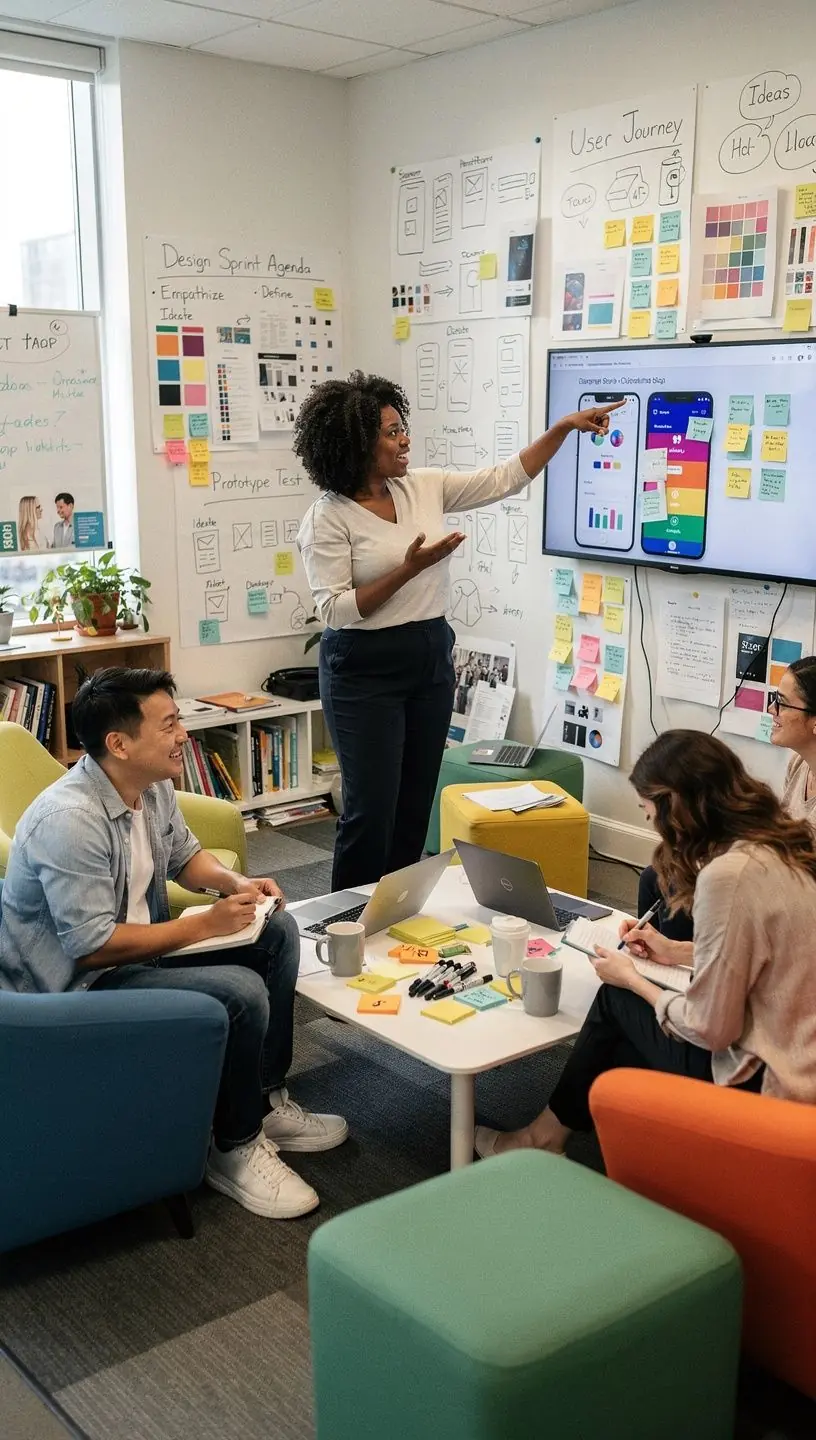 Stylowe biuro z otwartą przestrzenią, w której znajdują się zielone rośliny.