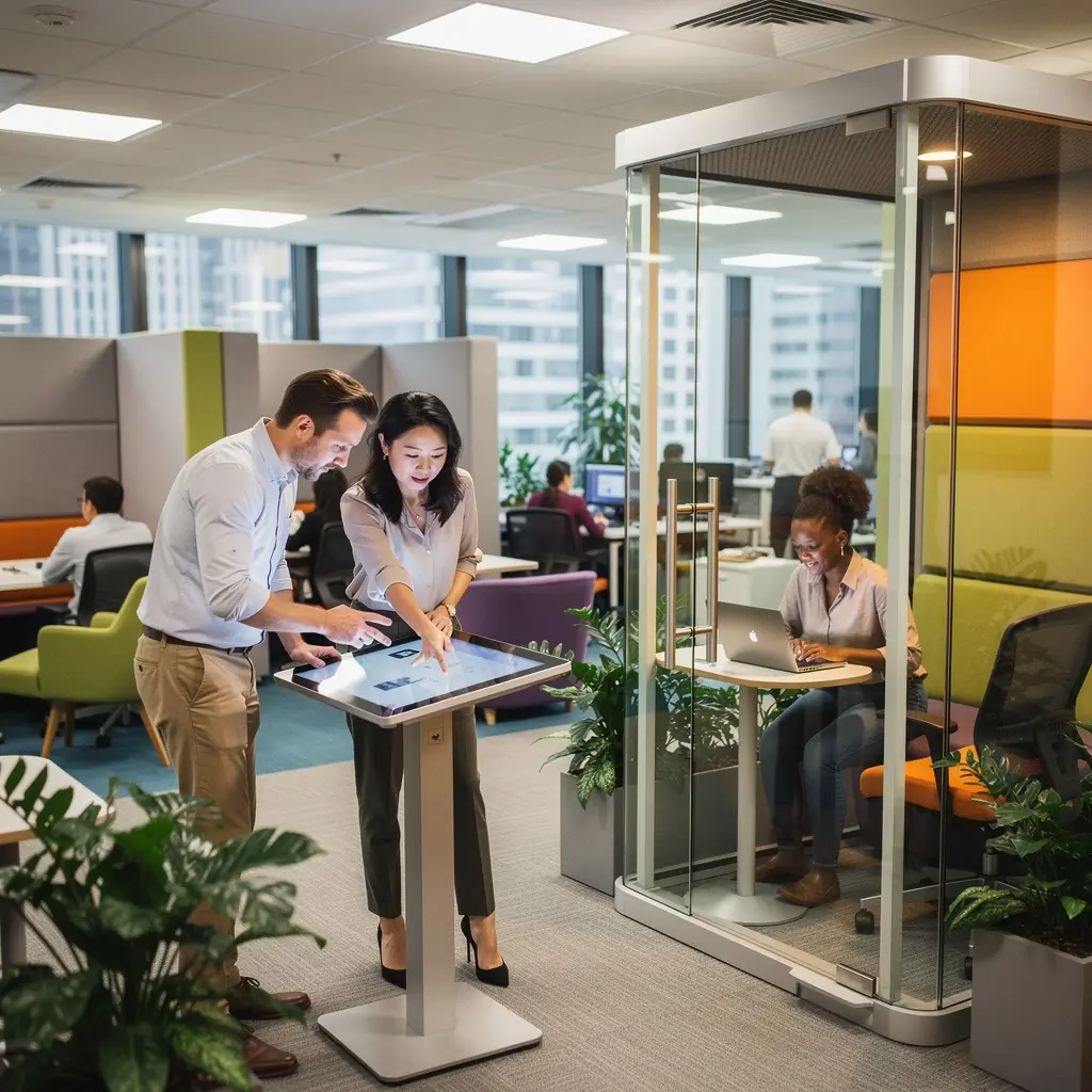 Przestrzeń biurowa z różnorodnymi strefami pracy i akustycznymi panelami dźwiękochłonnymi.