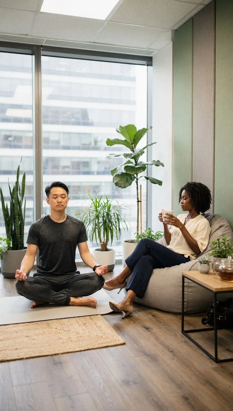 Minimalistyczne wnętrze biurowe z funkcjonalnymi strefami do pracy i wypoczynku.