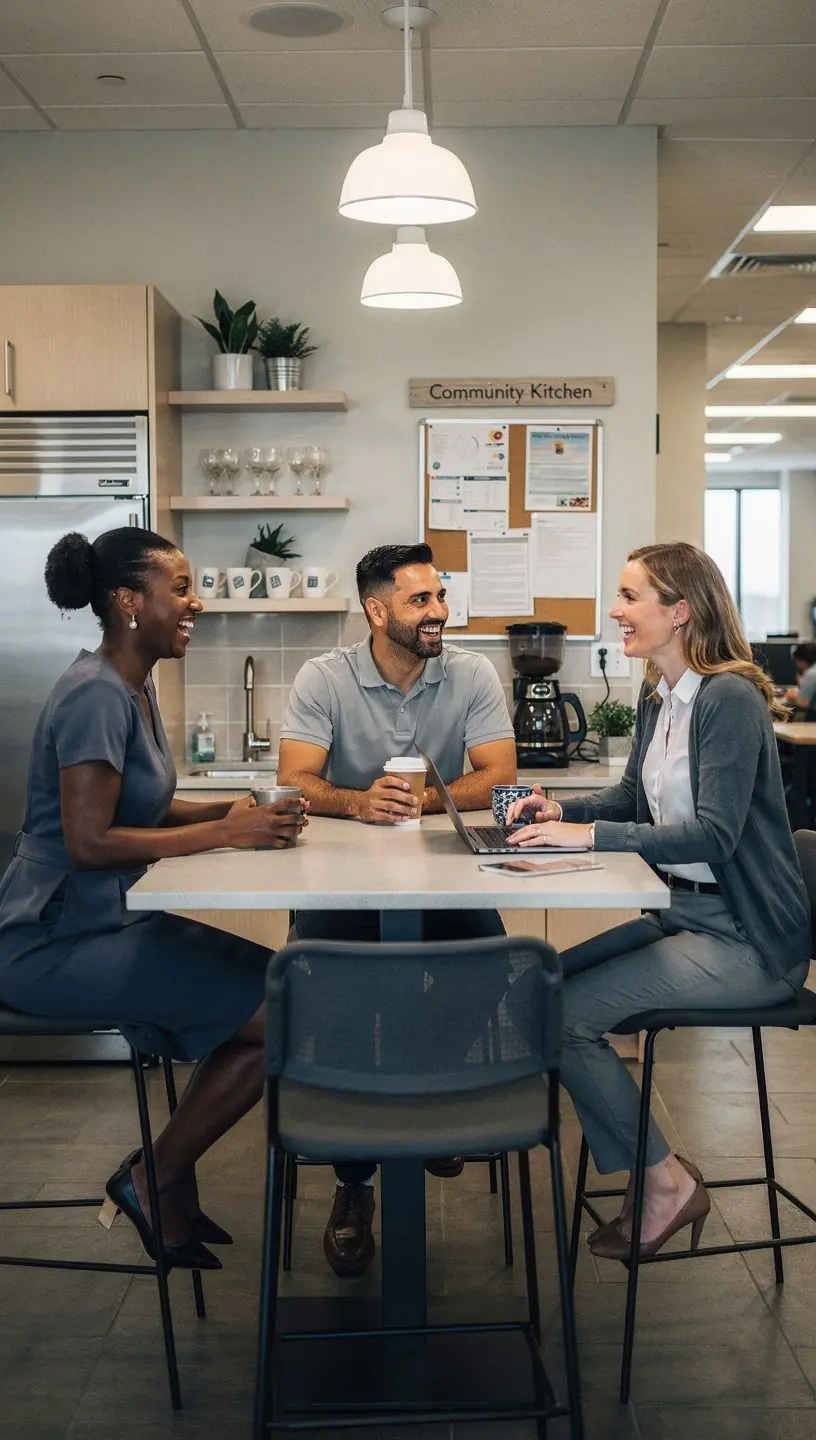 Przykład biura z różnorodnymi teksturami i materiałami, które poprawiają akustykę.