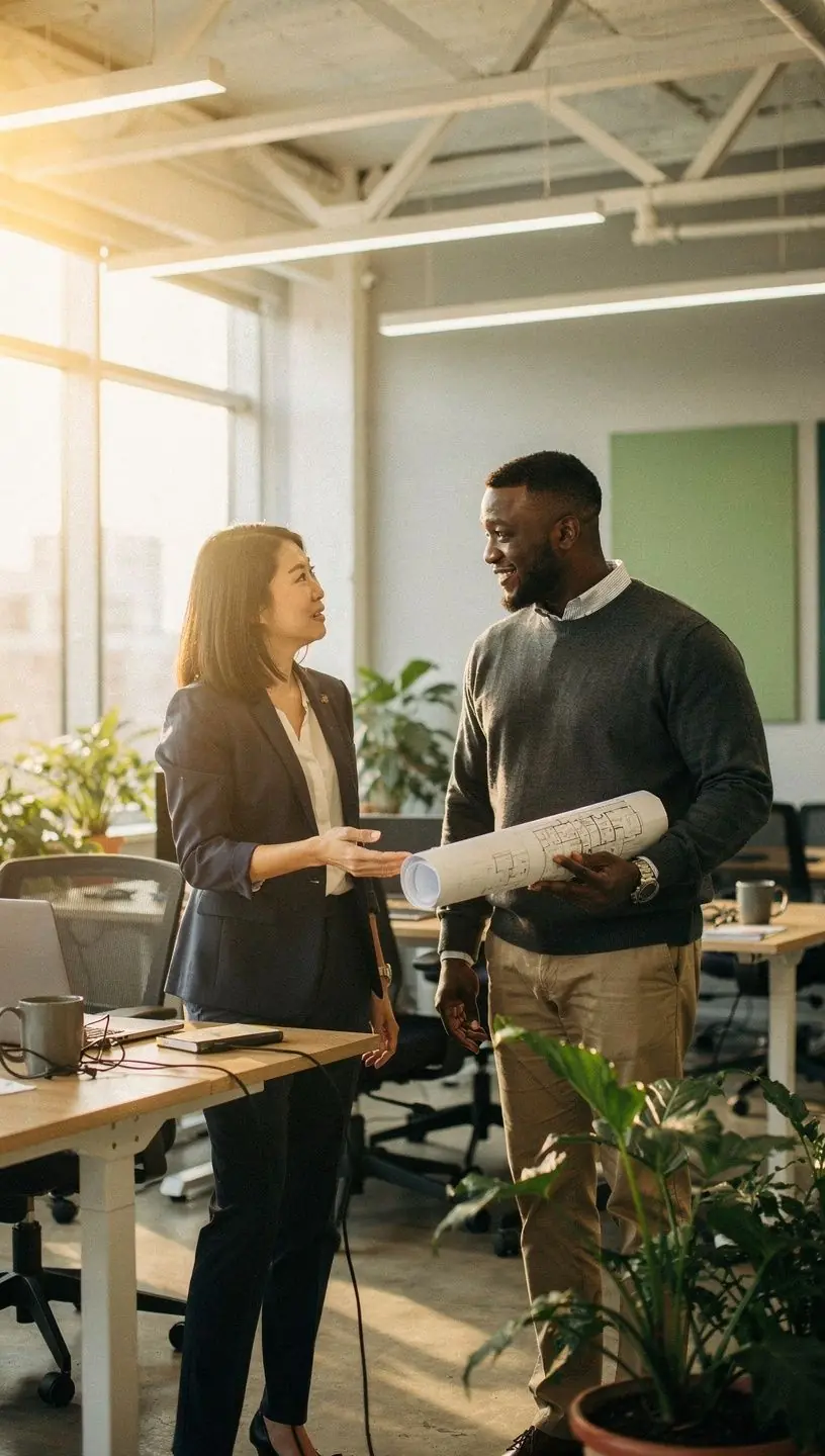 Pracownicy współpracujący w strefie kreatywnej z nowoczesnym designem.