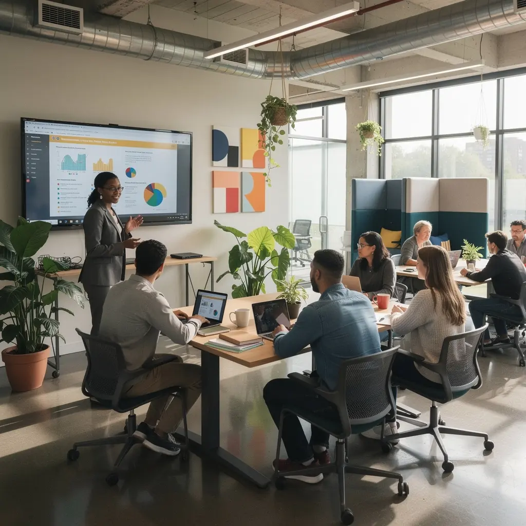 Nowoczesne biuro z ergonomicznymi stanowiskami pracy i strefami współpracy.